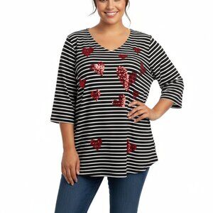Catherines 2X 22 24 Top Striped Heart Sequin Embellished Valentines Day Teacher